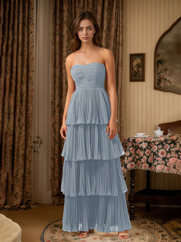 Burgundy A-Line Sweetheart Floor Length Tiered Chiffon Bridesmaid Dress