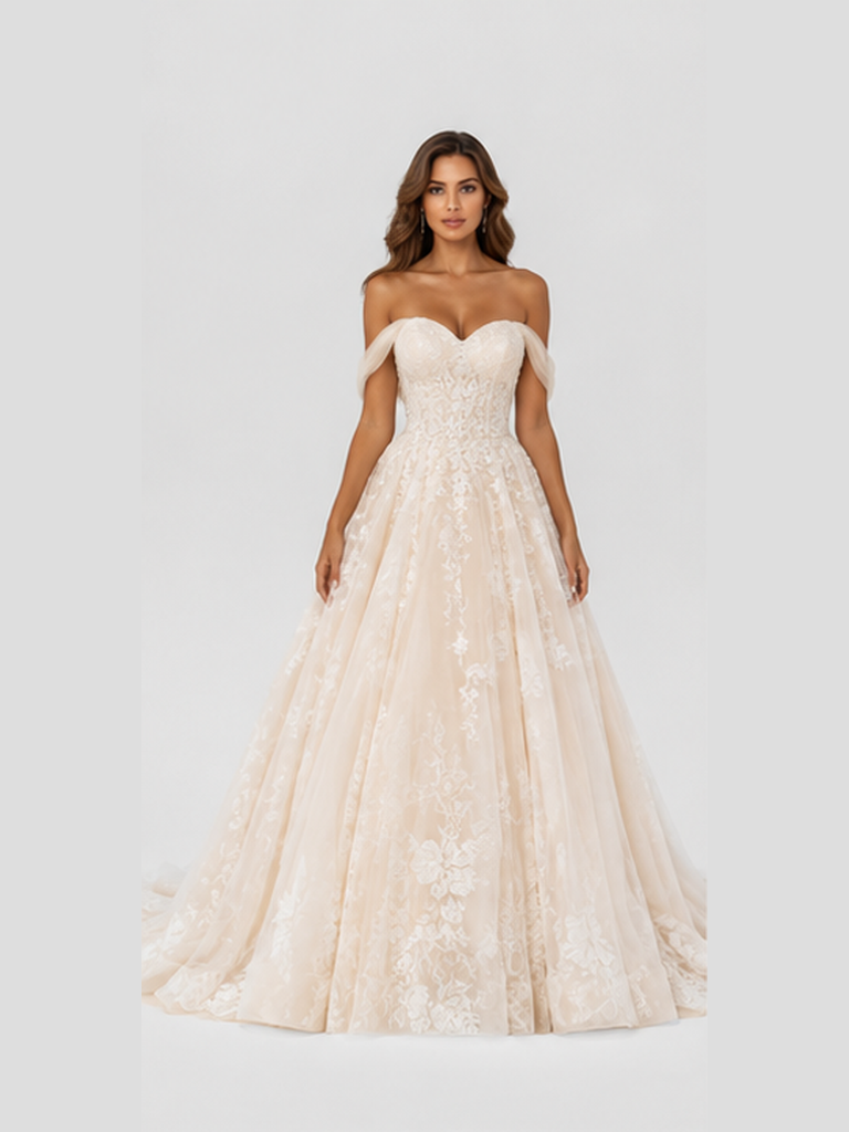 Elegant Floral Applique Tulle A-Line Wedding Dress with Sweep Train