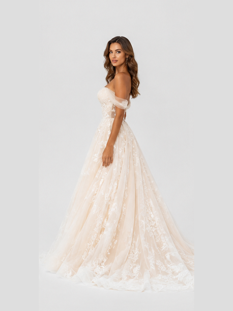 Elegant Floral Applique Tulle A-Line Wedding Dress with Sweep Train