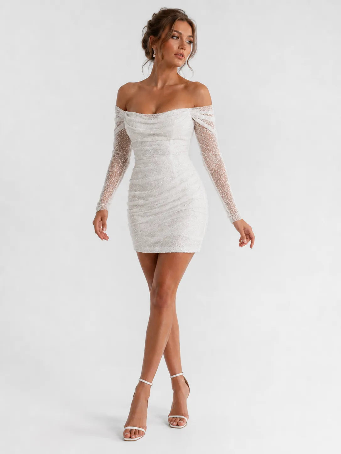 Elegant Off-Shoulder Lace Mini Wedding Dress with Long Sleeves and Ruched Detail