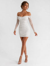 Elegant Off-Shoulder Lace Mini Wedding Dress with Long Sleeves and Ruched Detail