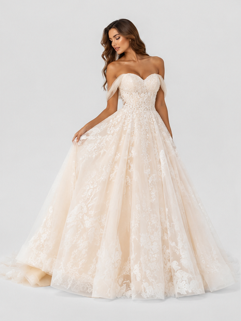 Elegant Floral Applique Tulle A-Line Wedding Dress with Sweep Train