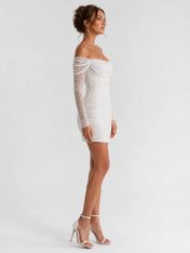 Elegant Off-Shoulder Lace Mini Wedding Dress with Long Sleeves and Ruched Detail