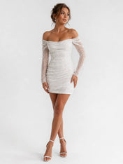 Elegant Off-Shoulder Lace Mini Wedding Dress with Long Sleeves and Ruched Detail