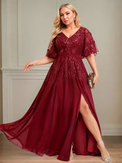 A-line V-Neck Floor-Length Lace Chiffon Evening Dress With Sequins