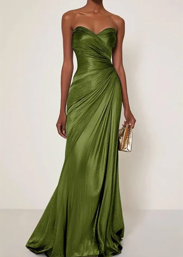 Evening Formal Dress V Neck Silver Silk Ruffles Strapless Maxi Dress