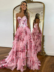 Pink A-Line Strapless Sweetheart Print Tiered Tulle Long Prom Dress with Slit