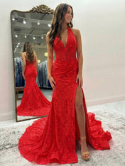 Black Mermaid Lace Halter Long Prom Dress with Slit