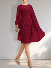 Sheath Scoop Illusion Knee-Length Lace Chiffon Mother of the Bride Dress With Cascading Ruffles Sequins