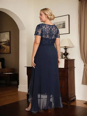 A-line Scoop Illusion Asymmetrical Chiffon Lace Mother of the Bride Dress With Bow Ruffle Sequins