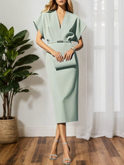 Light Blue Classic V Neck Short Sleeve Dolman Sleeve Sheath Midi Dress