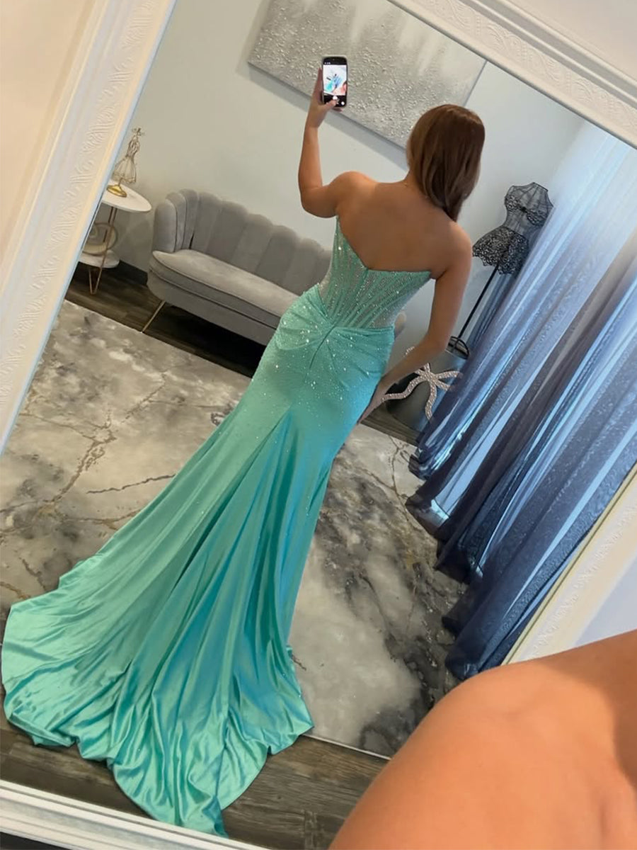 Red Mermaid Strapless Corset Beaded Prom Dress with Slit