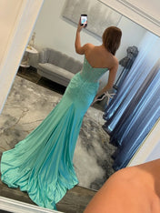 Red Mermaid Strapless Corset Beaded Prom Dress with Slit