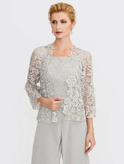 3 Piece Chiffon Square Neck Mother of the Bride Pantsuits with Jacket