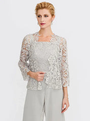 Ensemble 3 pièces en mousseline de soie avec col carré et veste pour mère de la mariée 
