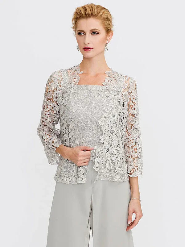 Ensemble 3 pièces en mousseline de soie avec col carré et veste pour mère de la mariée 