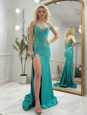 Sparkly Pink Mermaid Beaded Corset Long Prom Dress with Slit