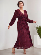 A-Line V-Neck Long Sleeves Velvet Tea-Length Mother of the Bride Dress With Split