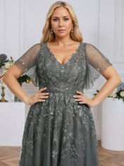 A-line V-Neck Floor-Length Tulle Lace Evening Dress With Sequins