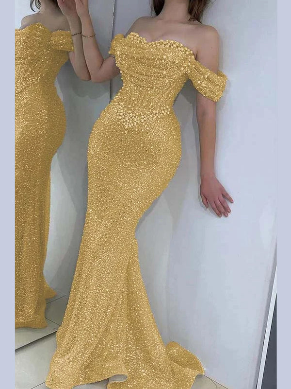 Champagne Pearl Sequin Off-the-Shoulder Mermaid Prom Dress