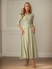 Crew Neck  A Line Ruffle Ruched Lace Maxi Dress Mother Of The Bride Dress