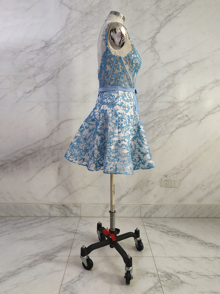 Blue Print A Line Floral Corset Short Homecoming Dress With Bow