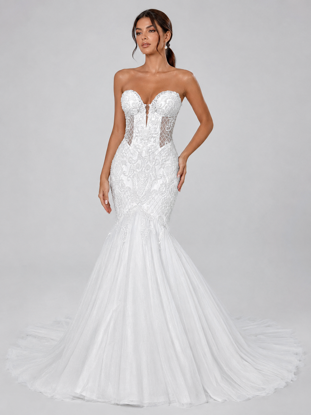 Elegant Strapless Sheer Corset Lace Mermaid Wedding Dress with Chapel Train