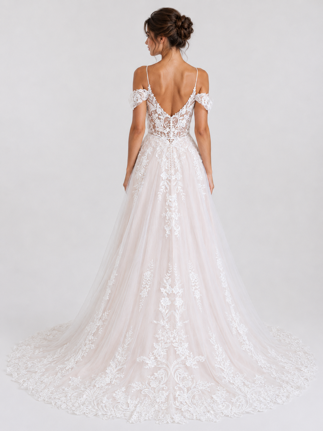 Elegant Floral Applique Tulle A-Line Wedding Dress with Sweep Train