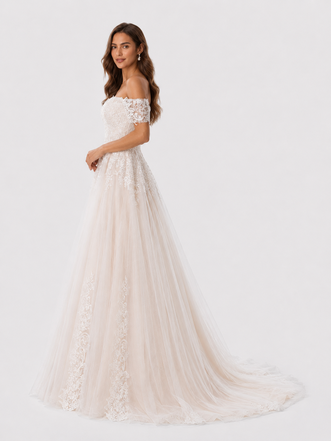 Elegant Off-the-Shoulder Lace Applique A-Line Wedding Dress with Chapel Train