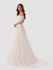 Elegant Off-the-Shoulder Lace Applique A-Line Wedding Dress with Chapel Train