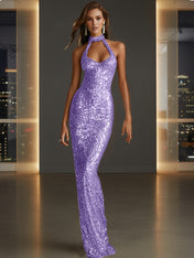 Glamorous Gold Sequin Halter Neck Mermaid Long Prom Dress