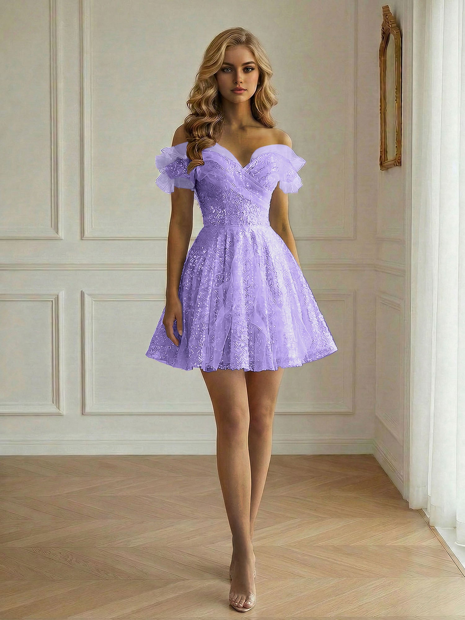 Off-the-Shoulder Lace-Up Back Iridescent Tulle Party Dress Homecoming Dress