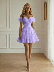 Off-the-Shoulder Lace-Up Back Iridescent Tulle Party Dress Homecoming Dress