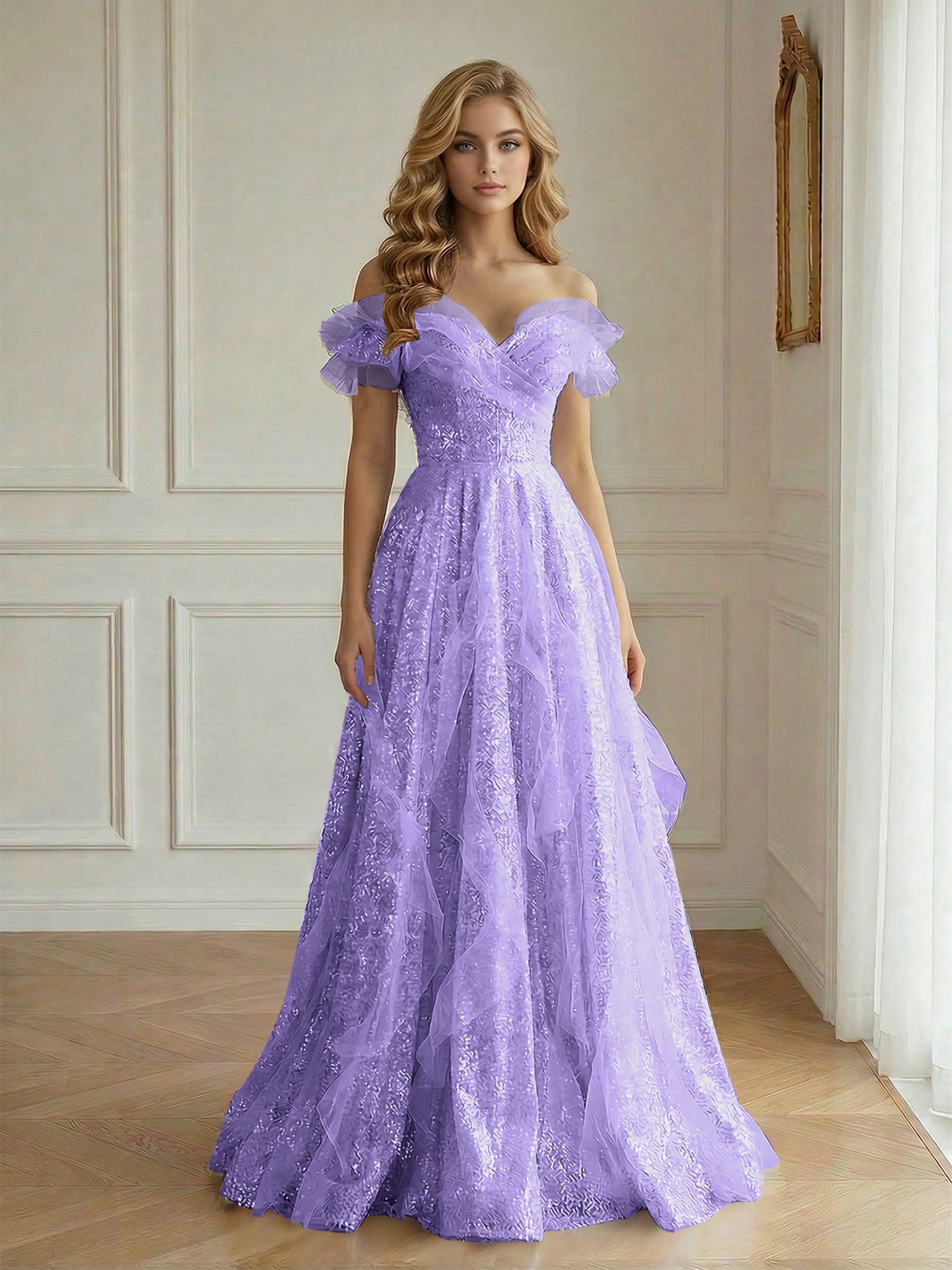 Off-the-Shoulder Sequin Tulle A-Line Gown with Ruffle Accents Prom Dress