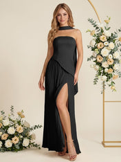 Scarf Pleat A Line Chiffon Strapless Long Bridesmaid Dresses for Women