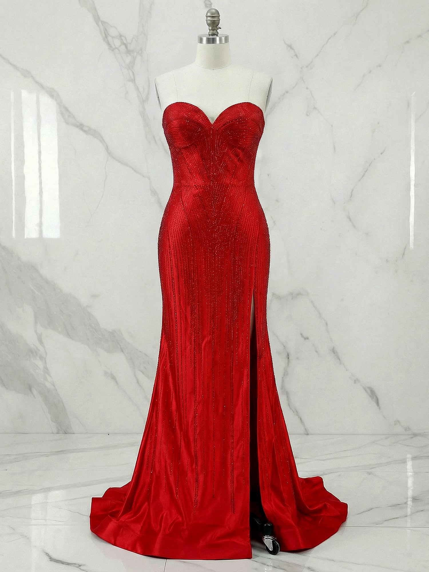 Red Strapless Sequin Long Prom Dresses with Linear Beading