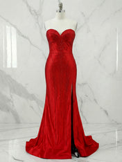 Red Strapless Sequin Long Prom Dresses with Linear Beading