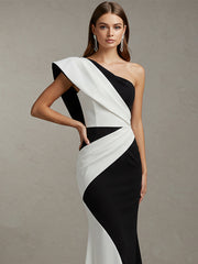 Party One-Shoulder Formal Dress Black White Maxi Dress