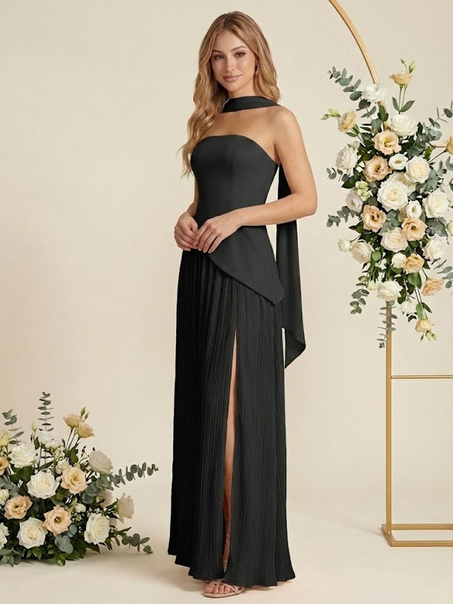 Scarf Pleat A Line Chiffon Strapless Long Bridesmaid Dresses for Women
