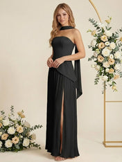 Scarf Pleat A Line Chiffon Strapless Long Bridesmaid Dresses for Women