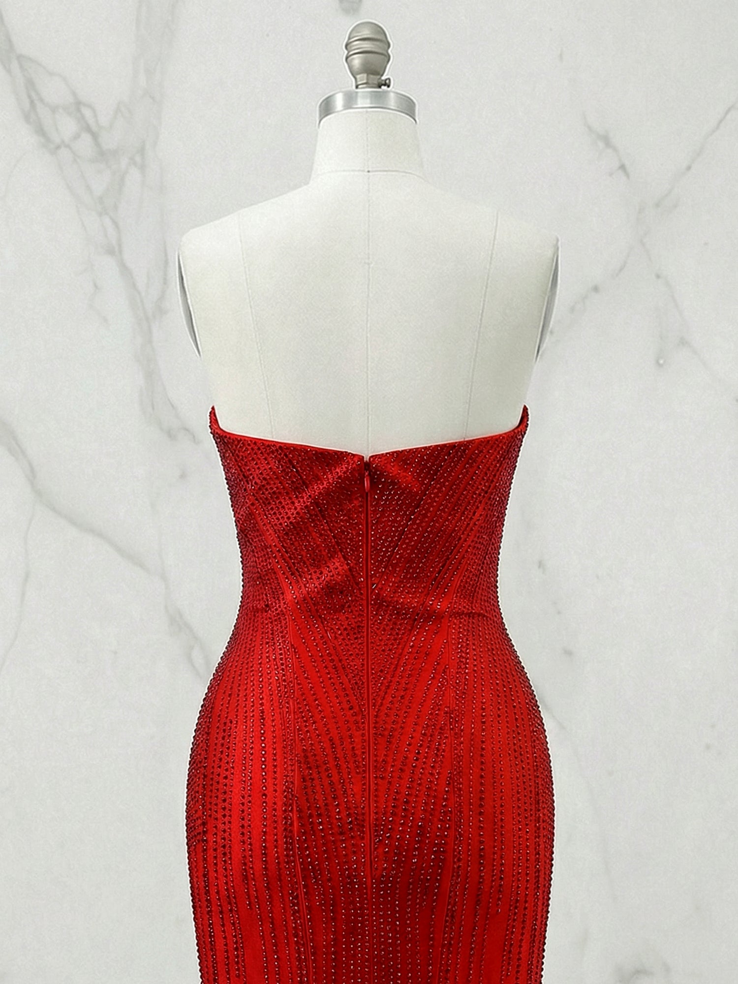 Red Strapless Sequin Long Prom Dresses with Linear Beading