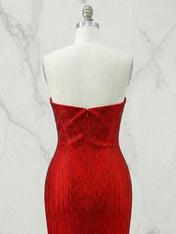 Red Strapless Sequin Long Prom Dresses with Linear Beading