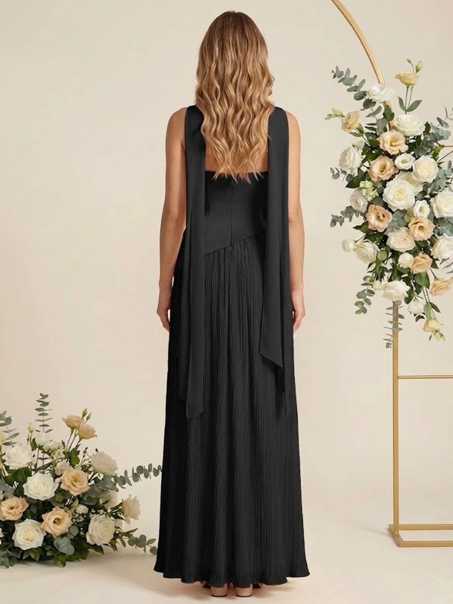 Scarf Pleat A Line Chiffon Strapless Long Bridesmaid Dresses for Women