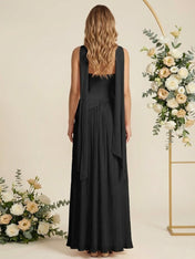 Scarf Pleat A Line Chiffon Strapless Long Bridesmaid Dresses for Women