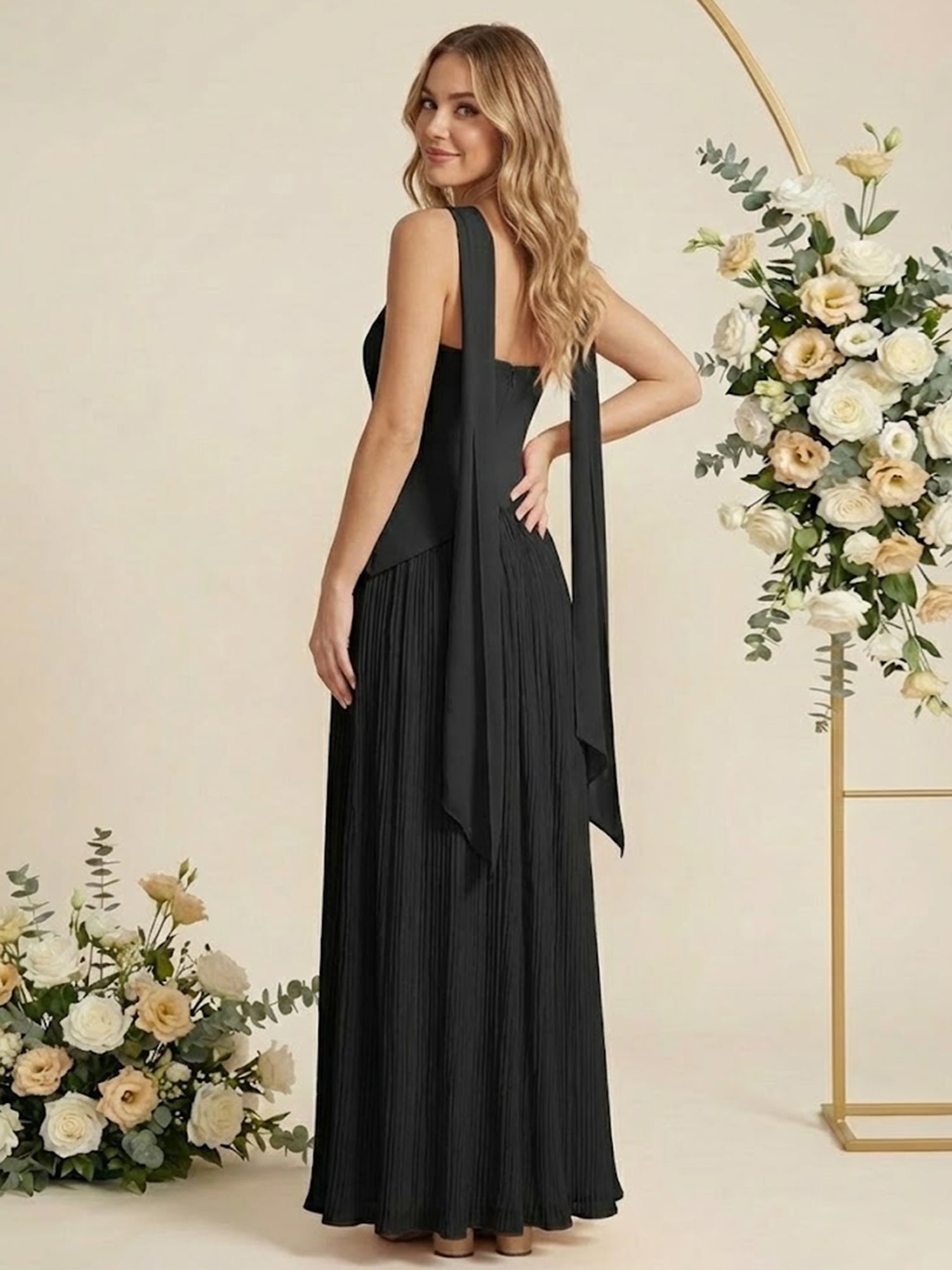 Scarf Pleat A Line Chiffon Strapless Long Bridesmaid Dresses for Women
