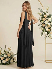 Scarf Pleat A Line Chiffon Strapless Long Bridesmaid Dresses for Women