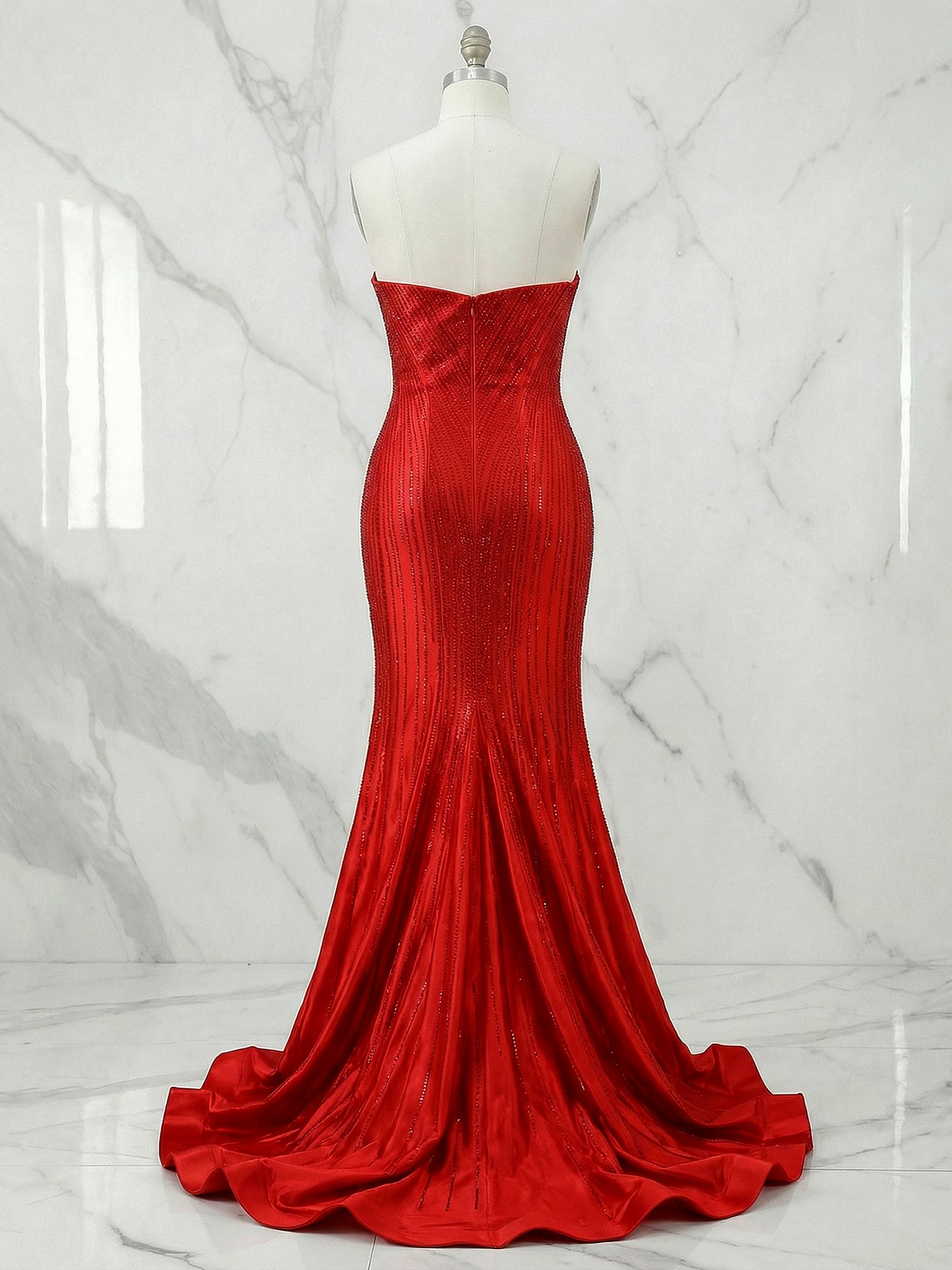 Red Strapless Sequin Long Prom Dresses with Linear Beading