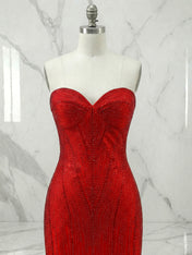 Red Strapless Sequin Long Prom Dresses with Linear Beading