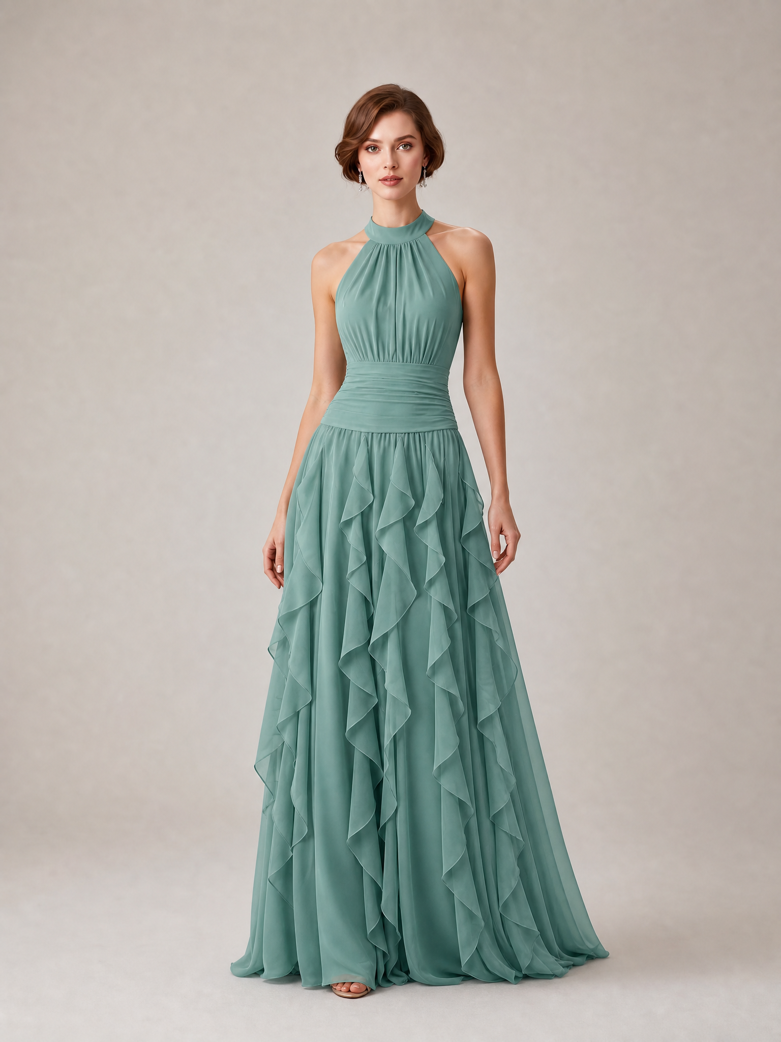 Puff Sleeve Column V-Neck Floor-Length Evening Dresses with Contrast Bow