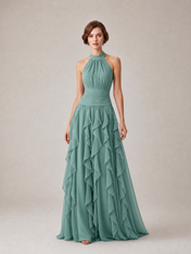 Puff Sleeve Column V-Neck Floor-Length Evening Dresses with Contrast Bow
